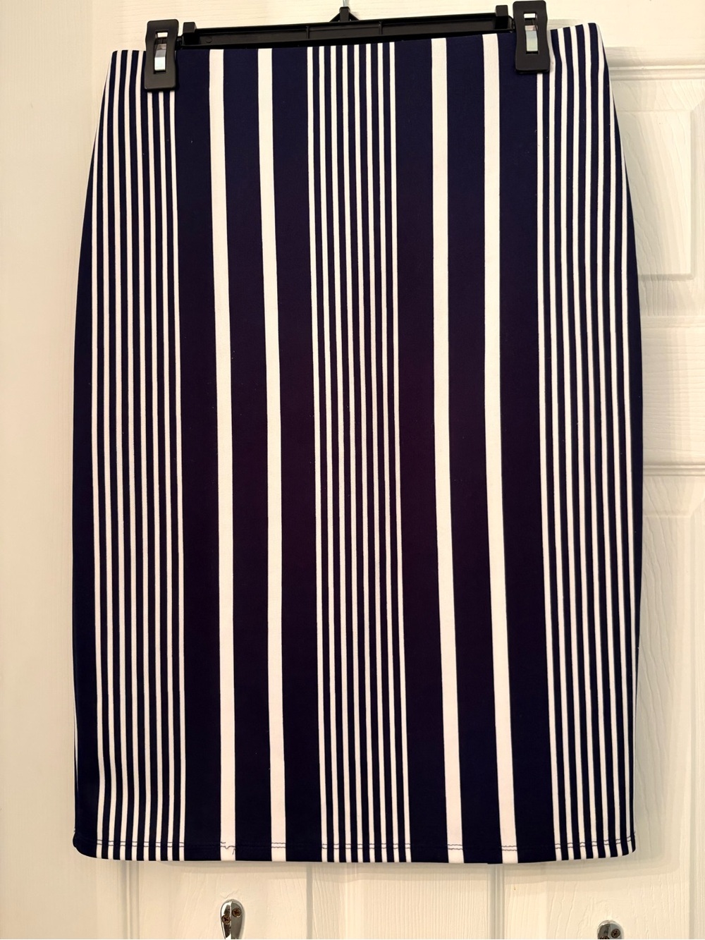 New York & Company Navy and White Vertical Stripe Pencil Skirt